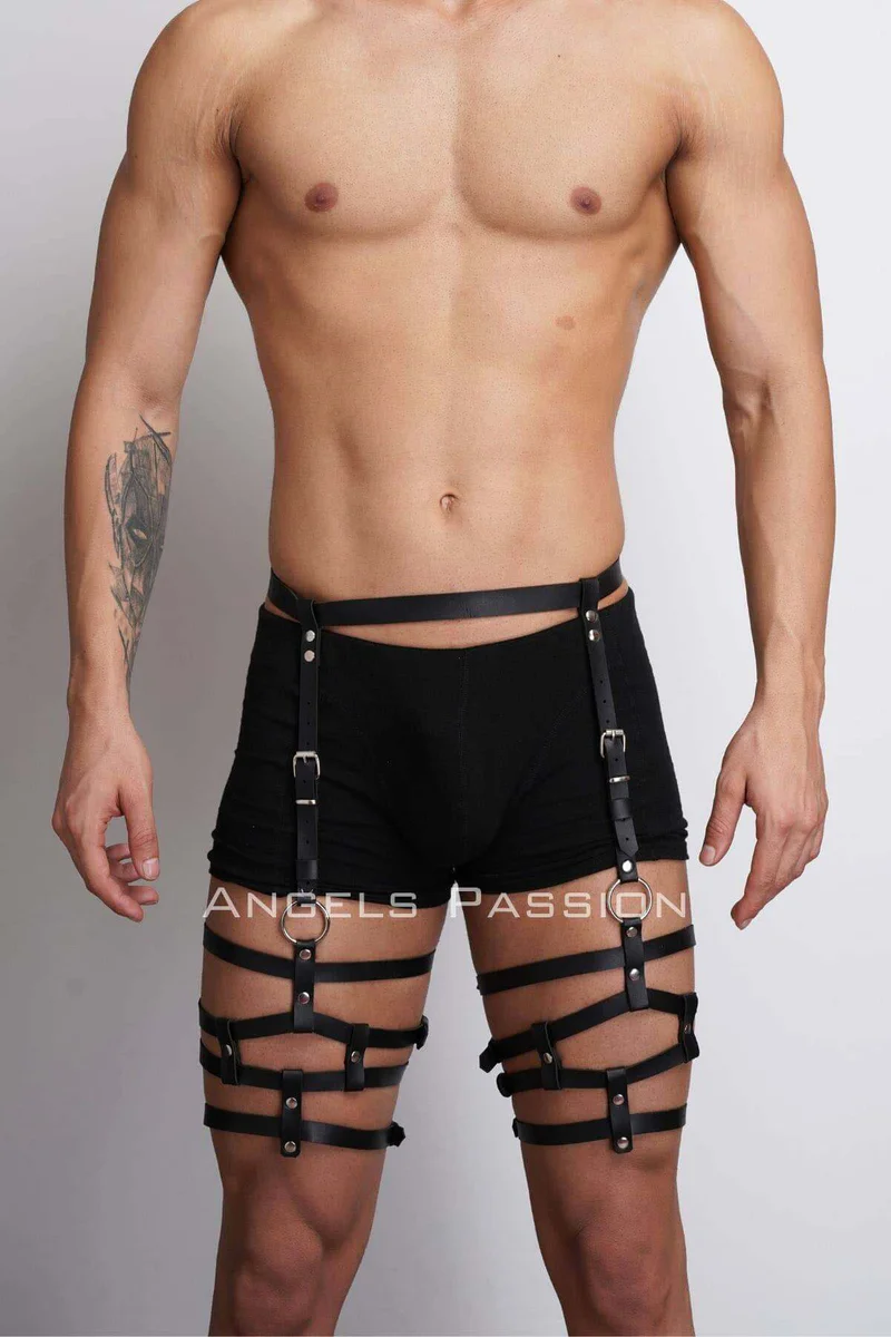 Black Faux Leather Garter Thigh Harness Men Adjustable Buckles O-Ring Detail