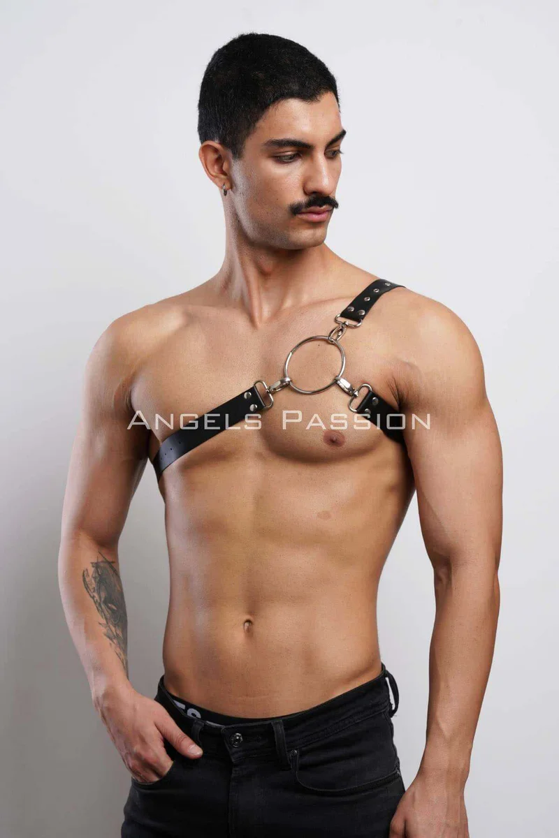Black vegan leather chest harness front view on