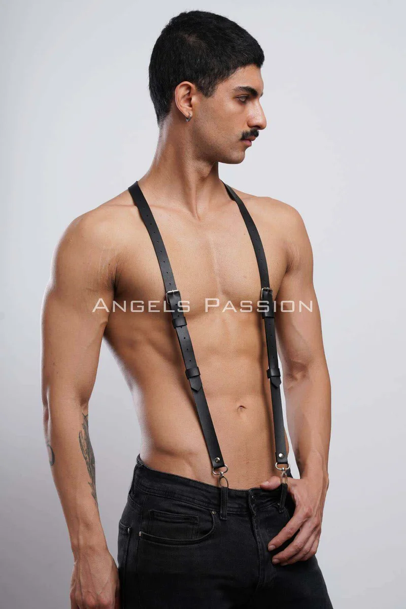Festival black faux leather harness suspenders