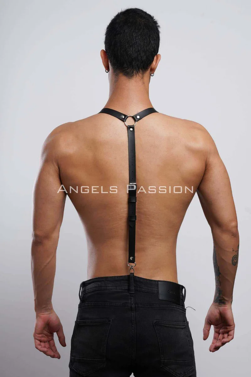 Black faux leather festival harness suspenders with