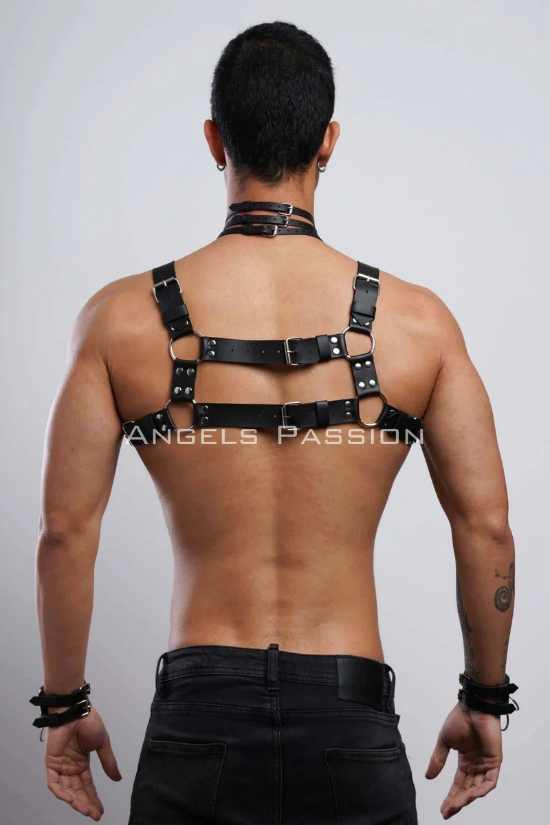 Festival black leather harness set with choker
