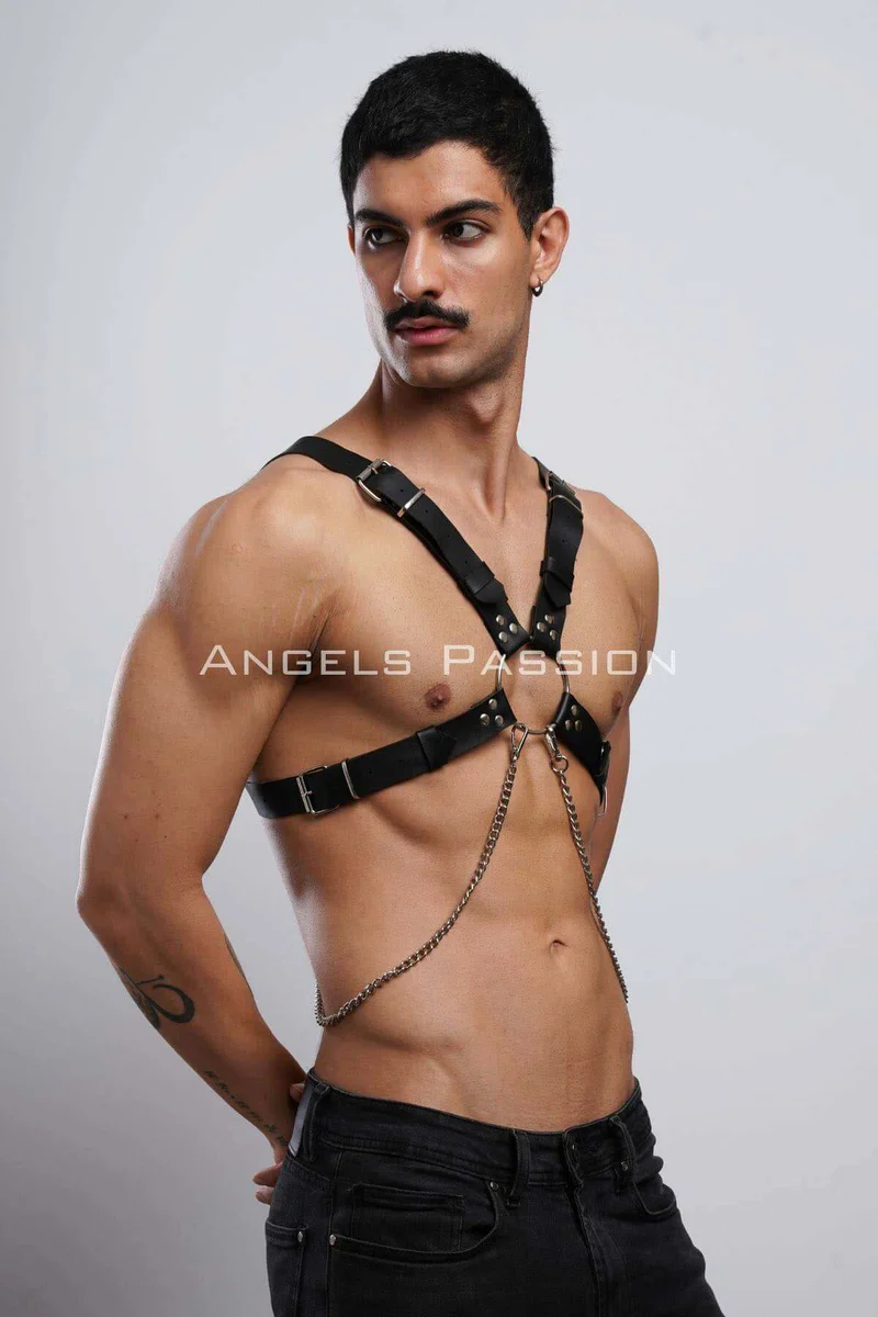 Mens festival black faux leather harness with