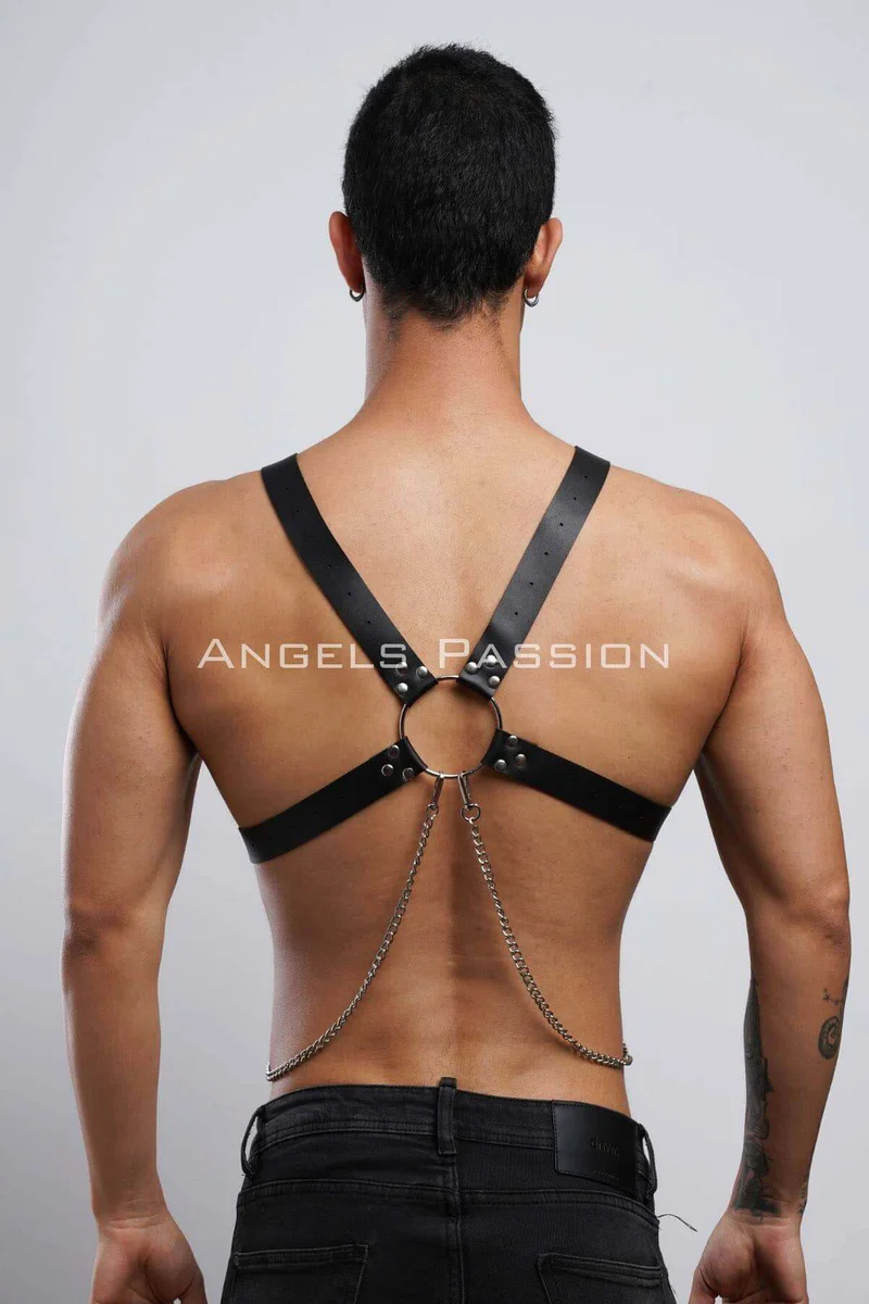 Festival black faux leather harness for men