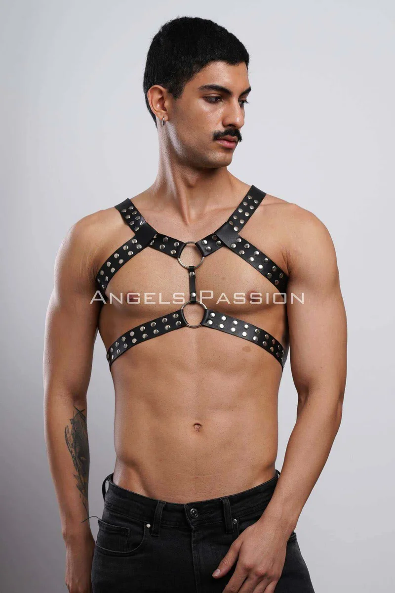 Black studded faux leather full body harness with O-rings