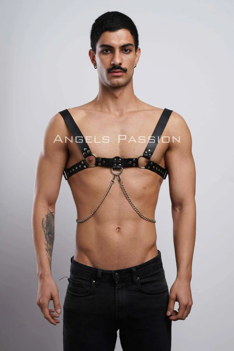 Black Faux Leather Chest Harness Front View
