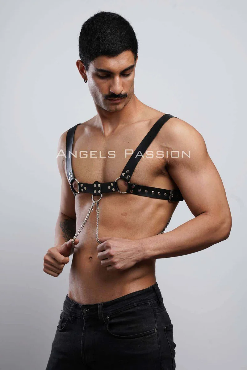 Black faux leather chest harness set with