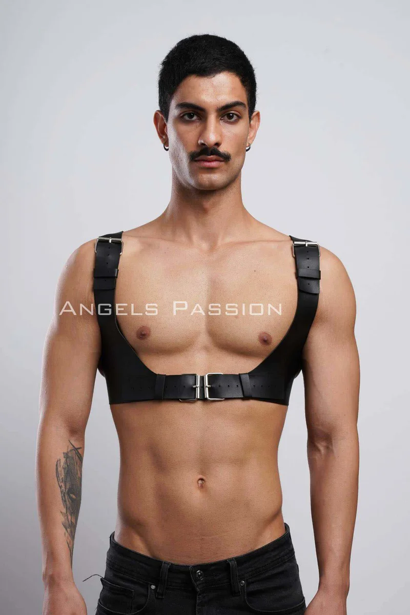 Black Vegan Leather Chest Harness Front View Adjustable