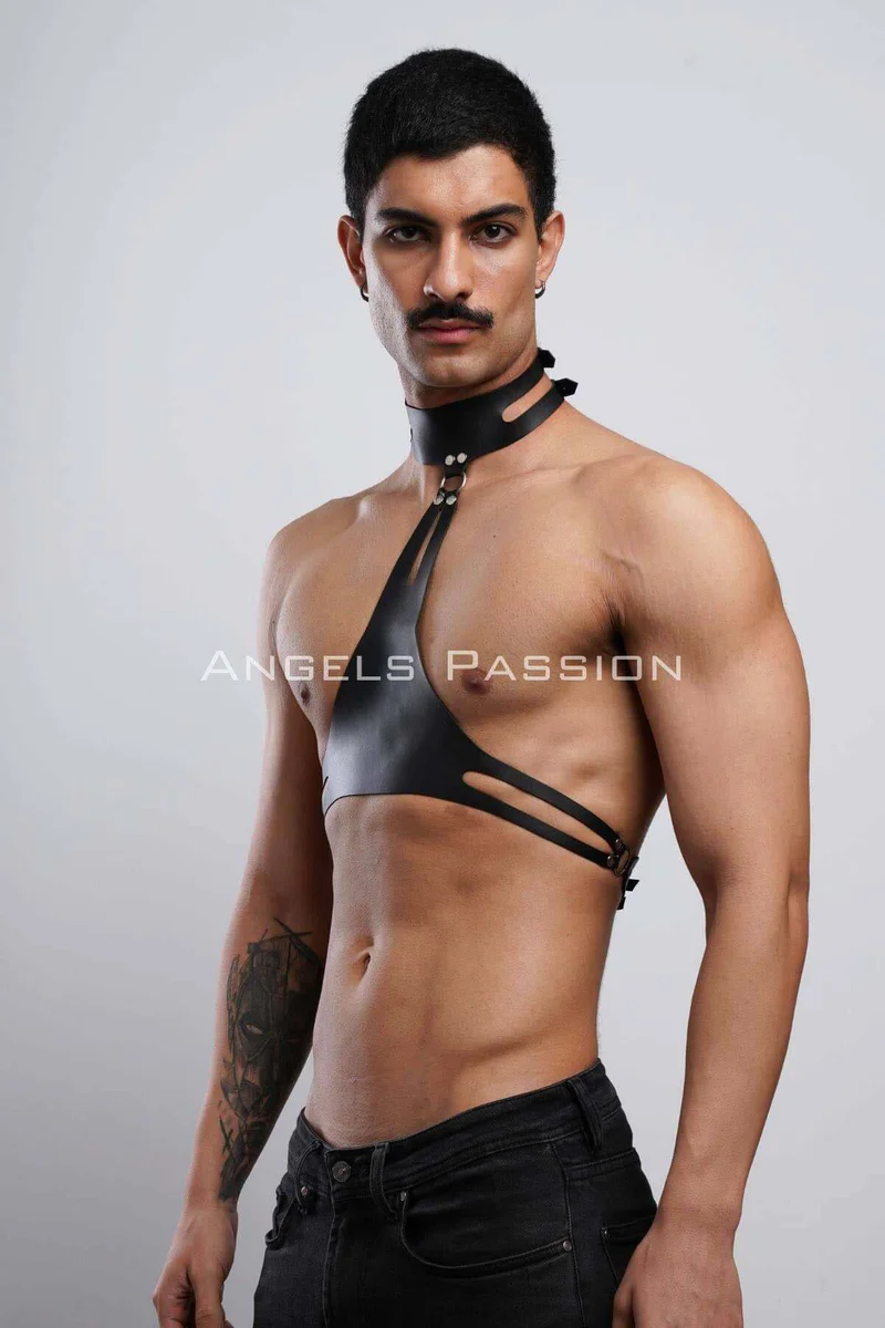 Black faux leather chest harness