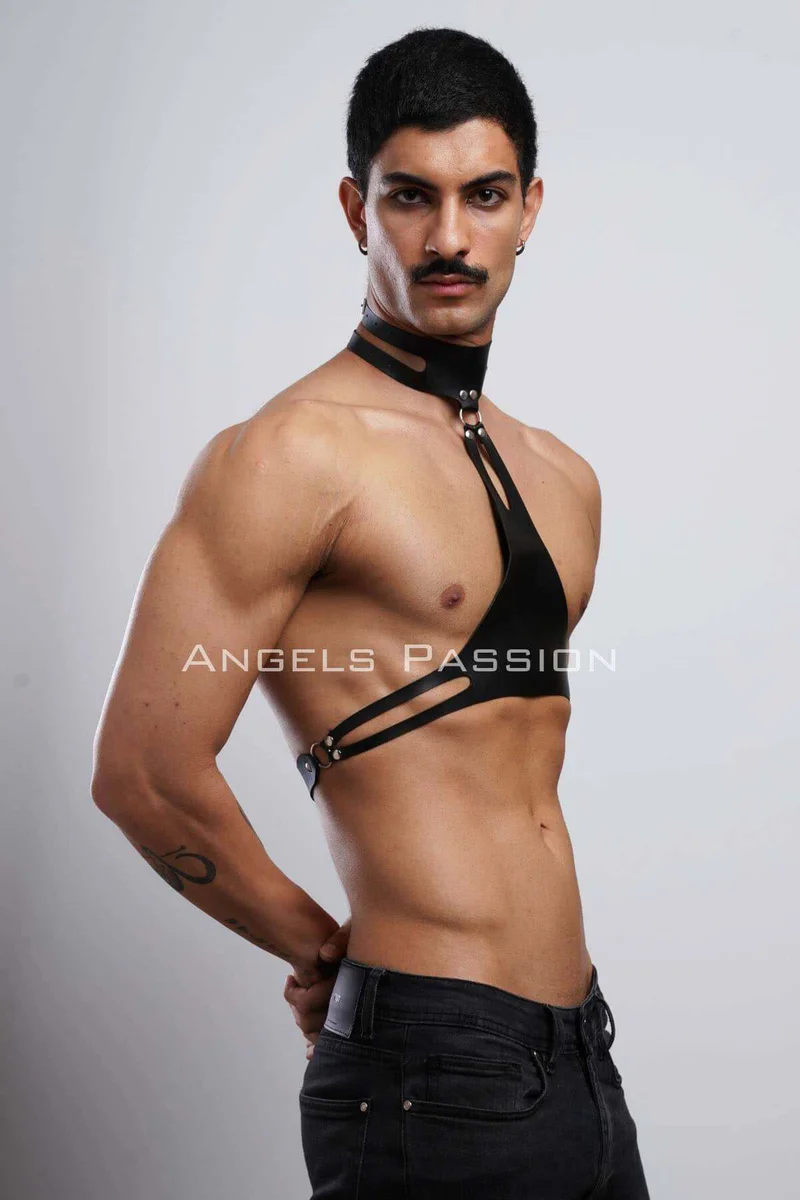 Gay festival black faux leather harness and