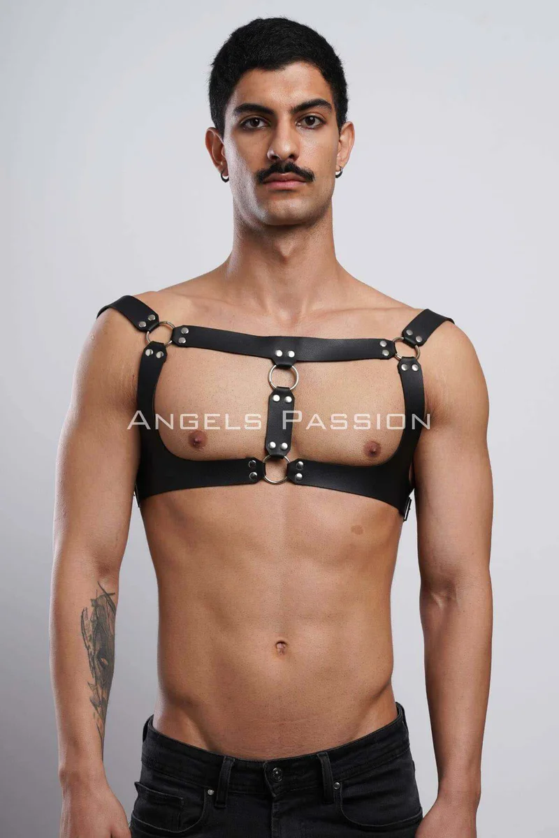 Geometric Chest Harness Front View Black Vegan Leather