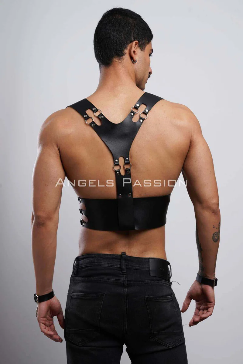 Mens festival black faux leather harness with wide