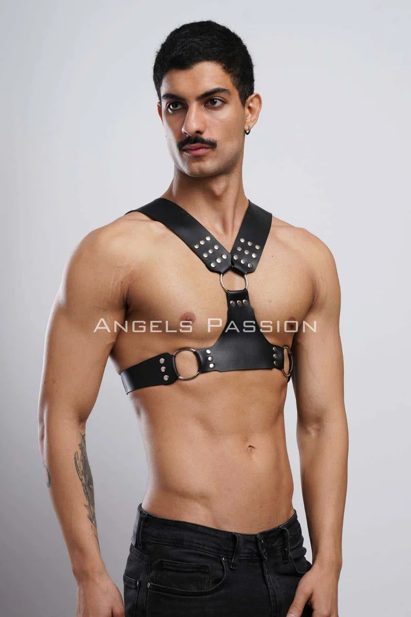 Black faux leather chest harness O-ring side profile showing strap configuration