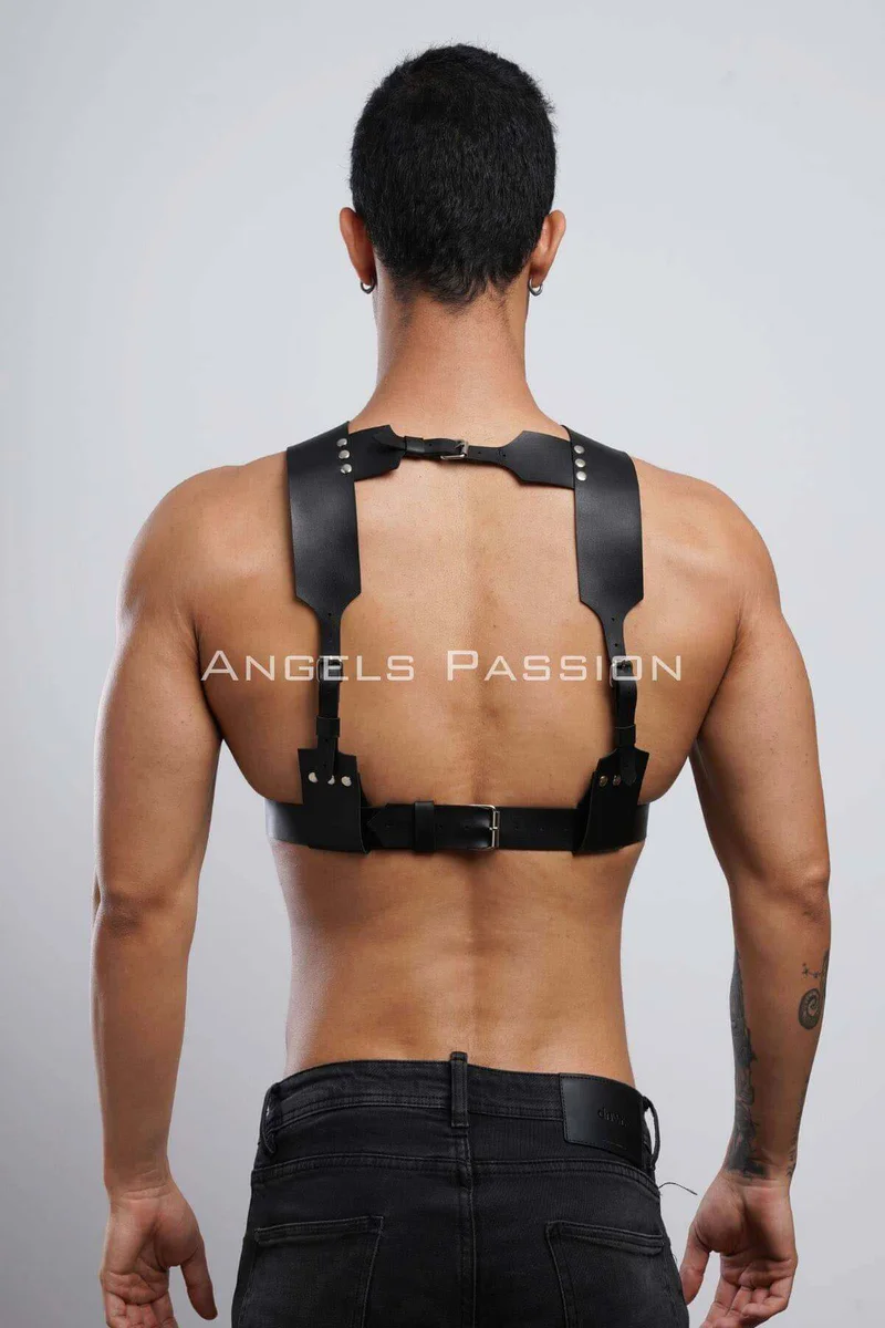 Black faux leather chest harness with rear buckle detail