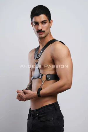Men's Chest Harness with Cuffs, Leather Men's Fancy Harness, Men's Harness with Cuffs - APFTM121