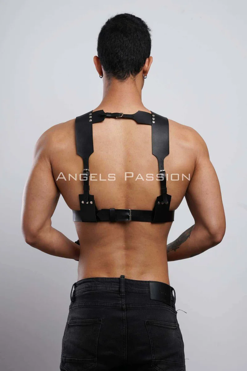 Mens festival black leather harness with silver studded