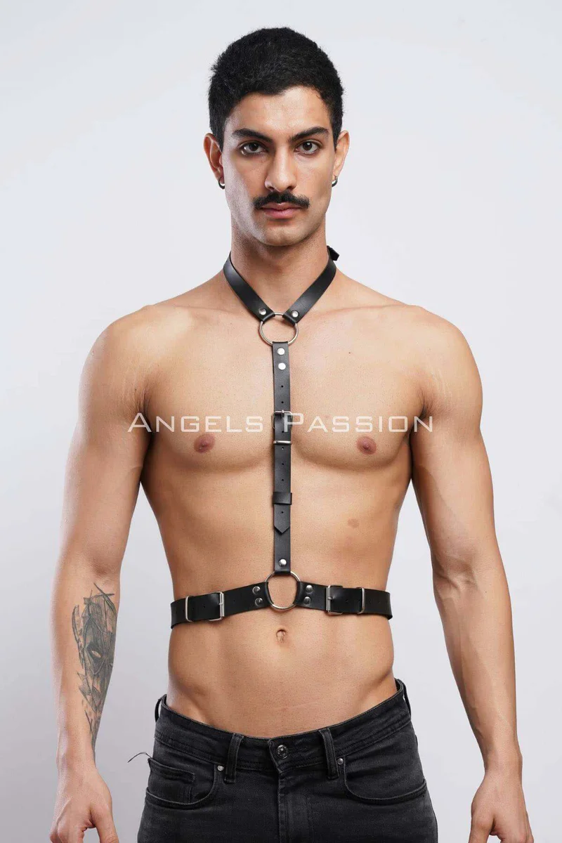 Black Halterneck Faux Leather Body Harness with Silver O-Rings