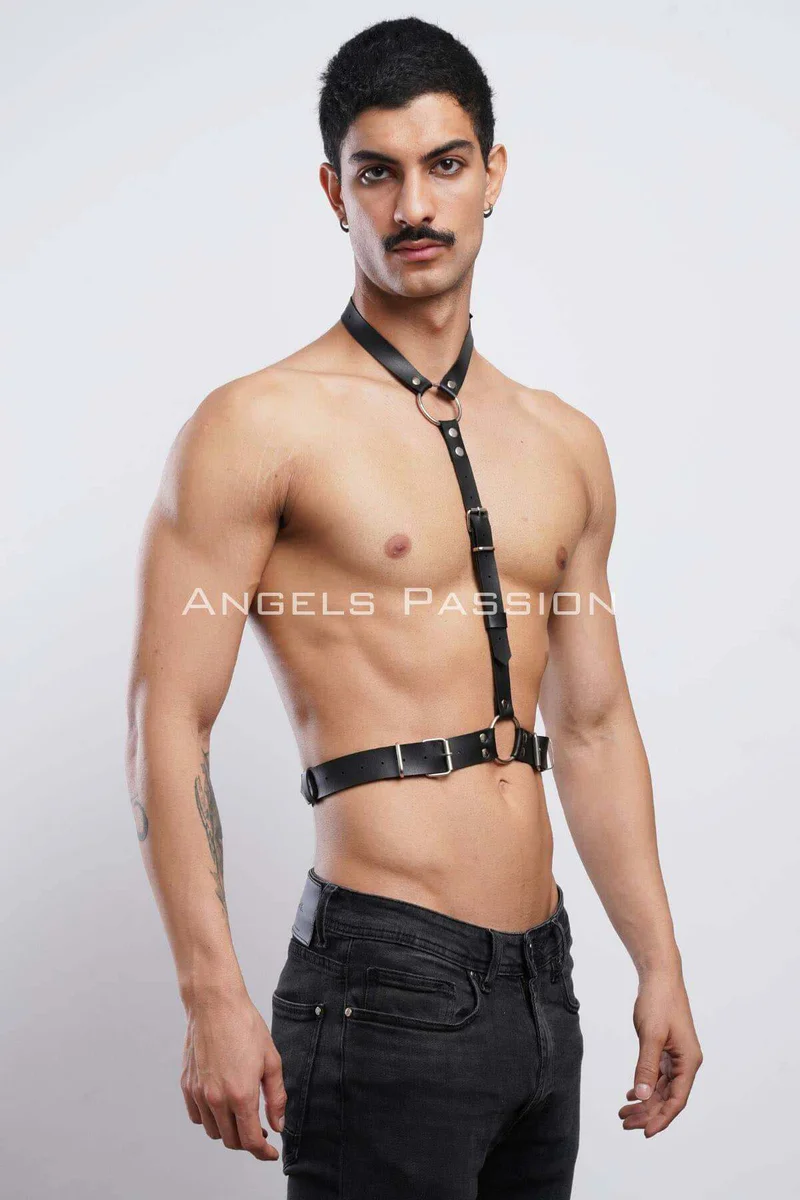 Black vegan leather body harness front view