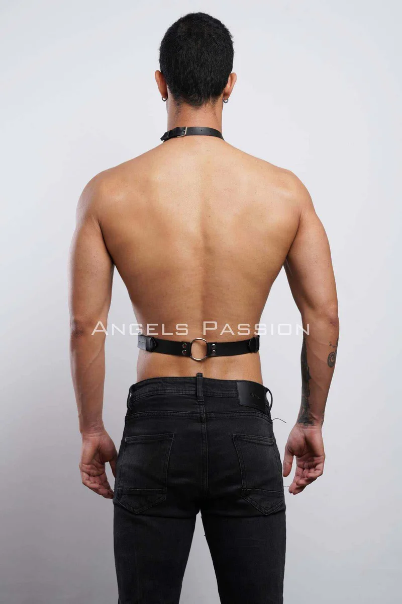 Black festival halterneck body harness on male