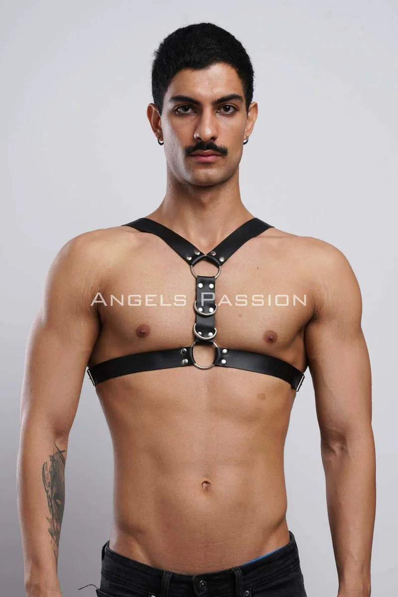 Black faux leather adjustable chest harness with O-rings