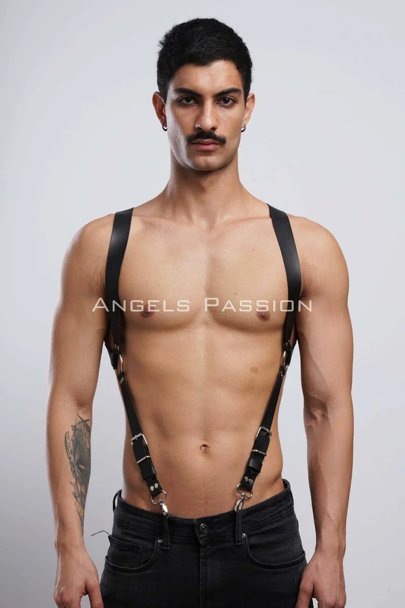 Festival black faux leather harness outfit on a