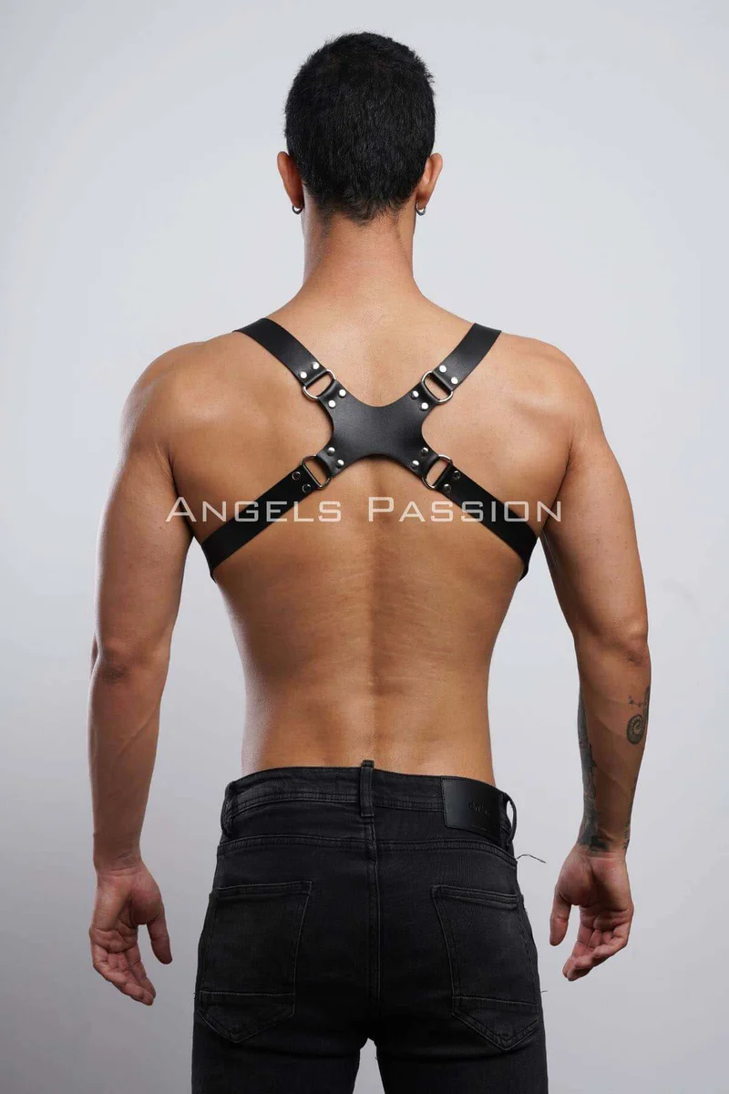 Mens festival black faux leather harness with buckle