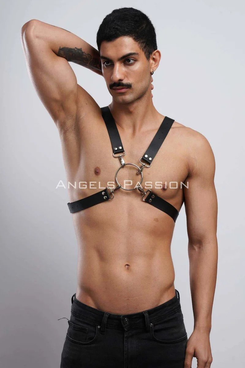 Black chest harness back view with X-straps and metal buckles