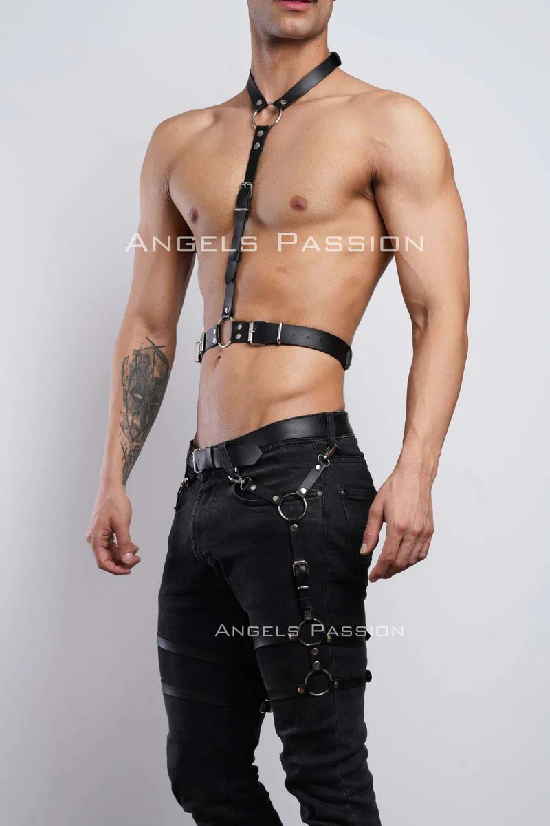 Black Faux Leather Adjustable Chest and Leg Harness Set