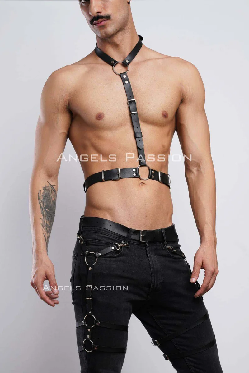Back view of adjustable black faux leather harness showing strap configuration.