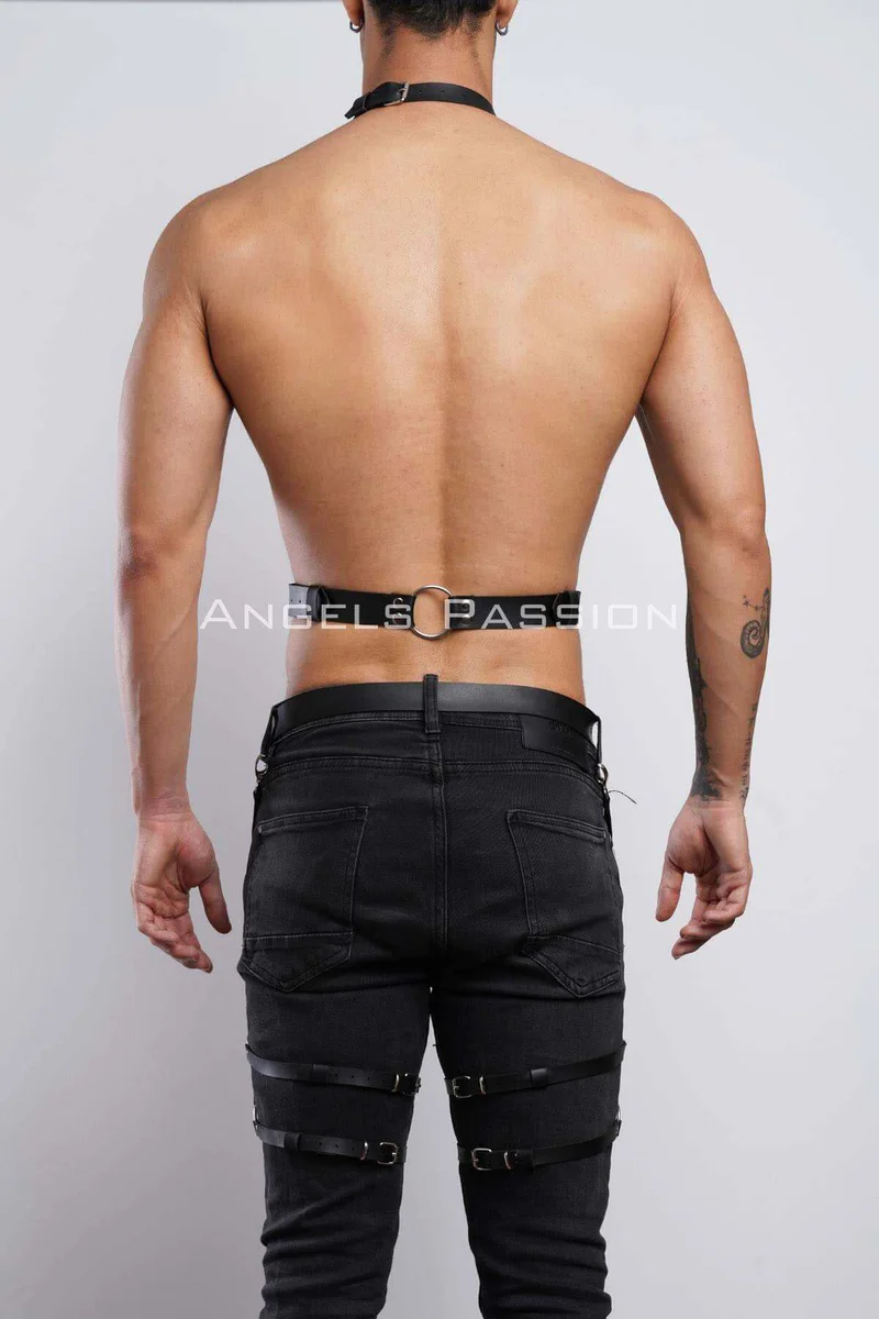 Black faux leather harness set adjustable leg straps with O-ring detail