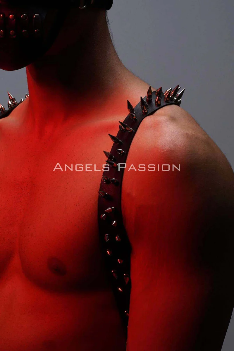 Festival black vegan leather harness with spikes on