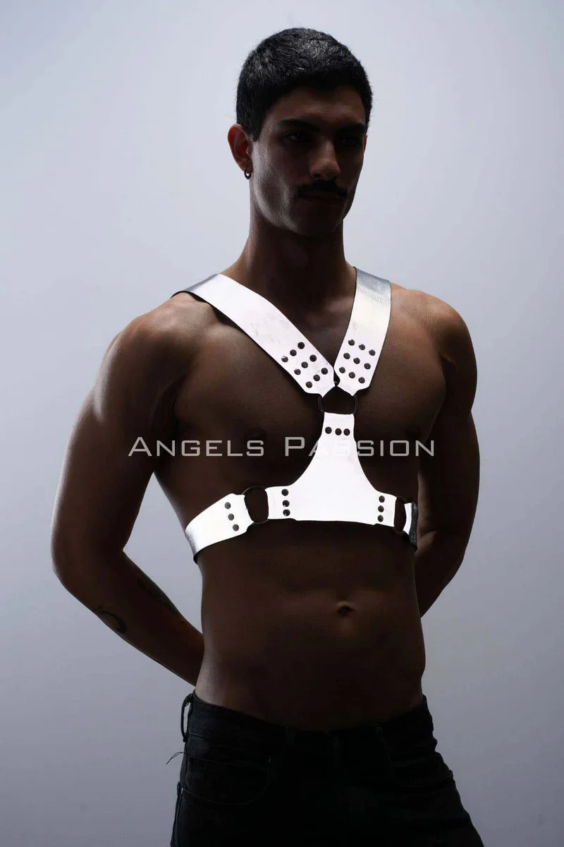 White Vegan Leather Chest Harness Reflective Material
