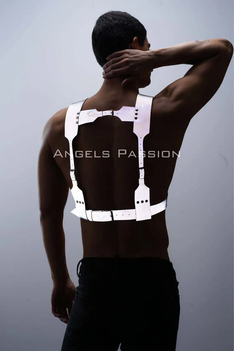 Festival reflective silver harness outfit worn by a