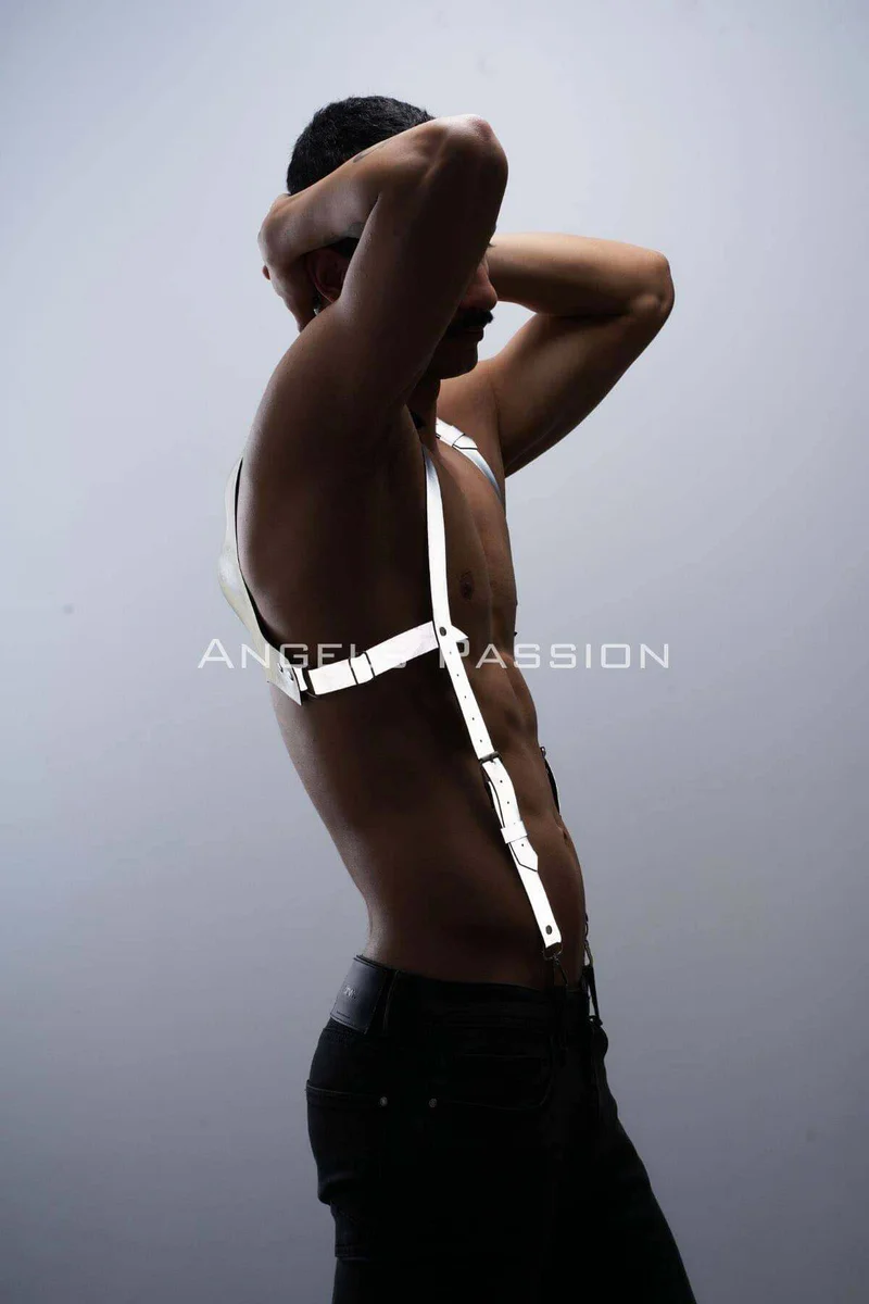 Reflective chest harness white adjustable straps side view metal buckle detail