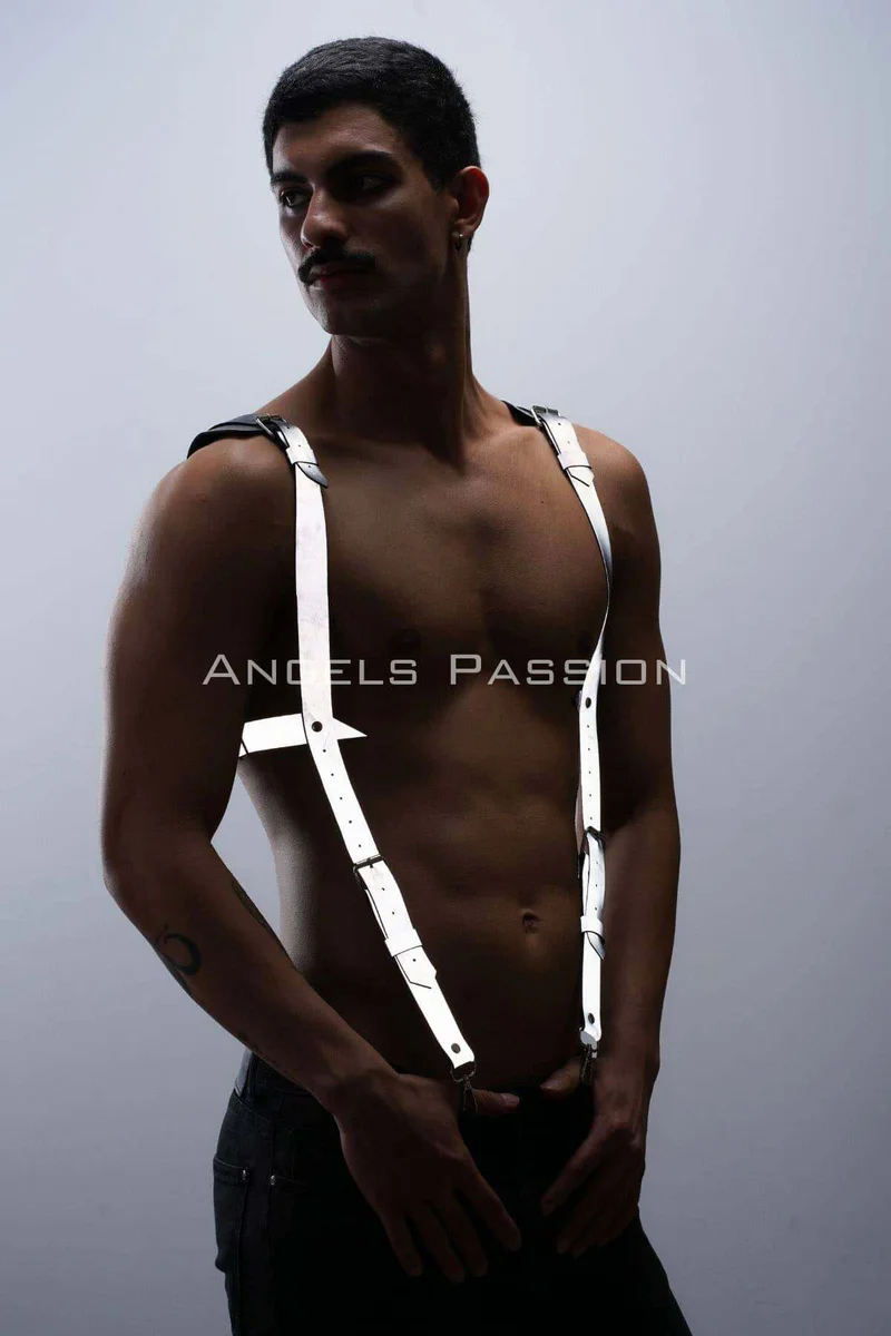 White reflective harness, chest suspenders, model wearing showing adjustable fit