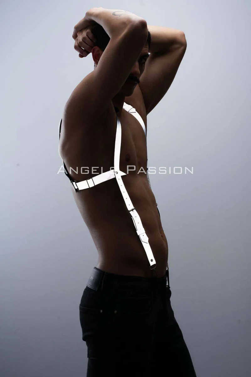 Back view of adjustable white reflective chest harness with side straps