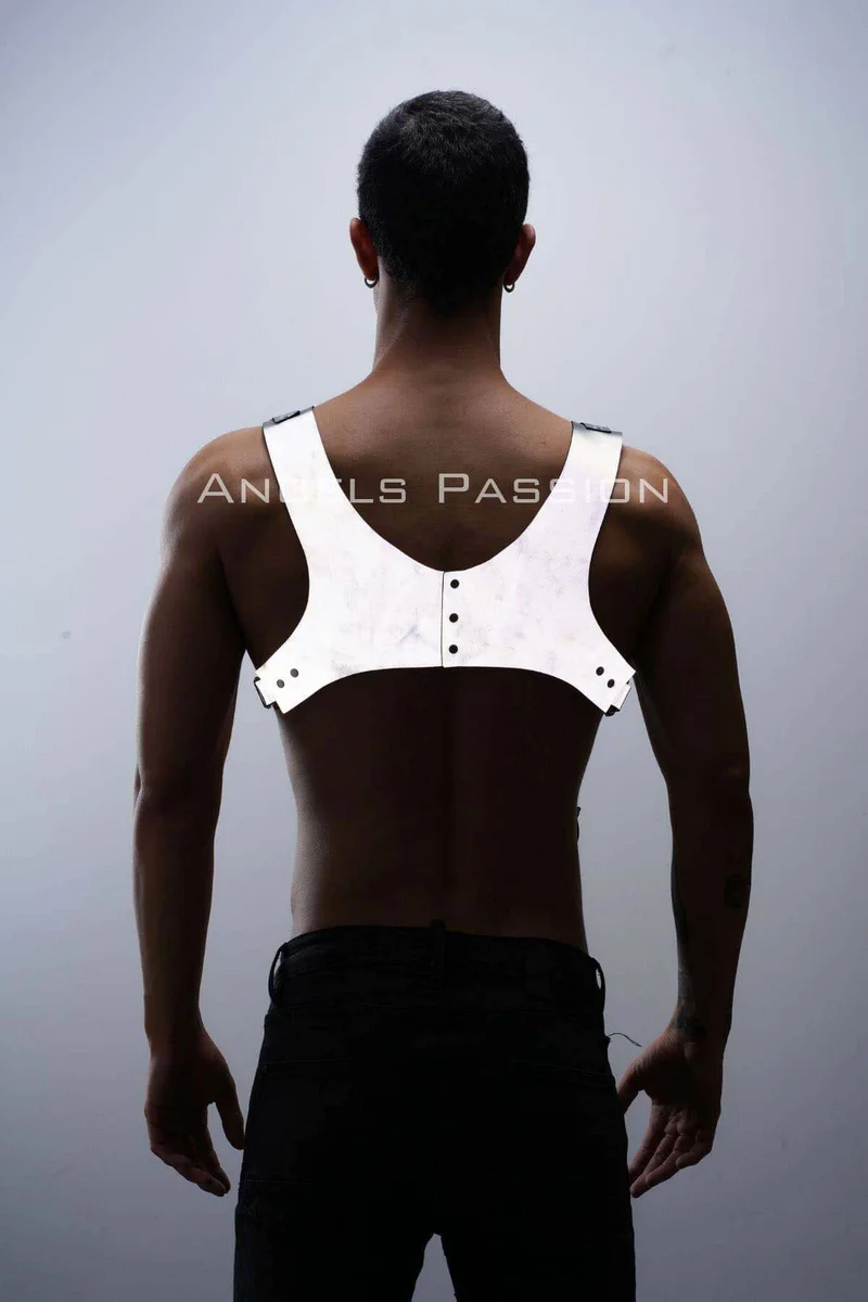 Reflective chest harness with adjustable straps back view silver metal stud accents