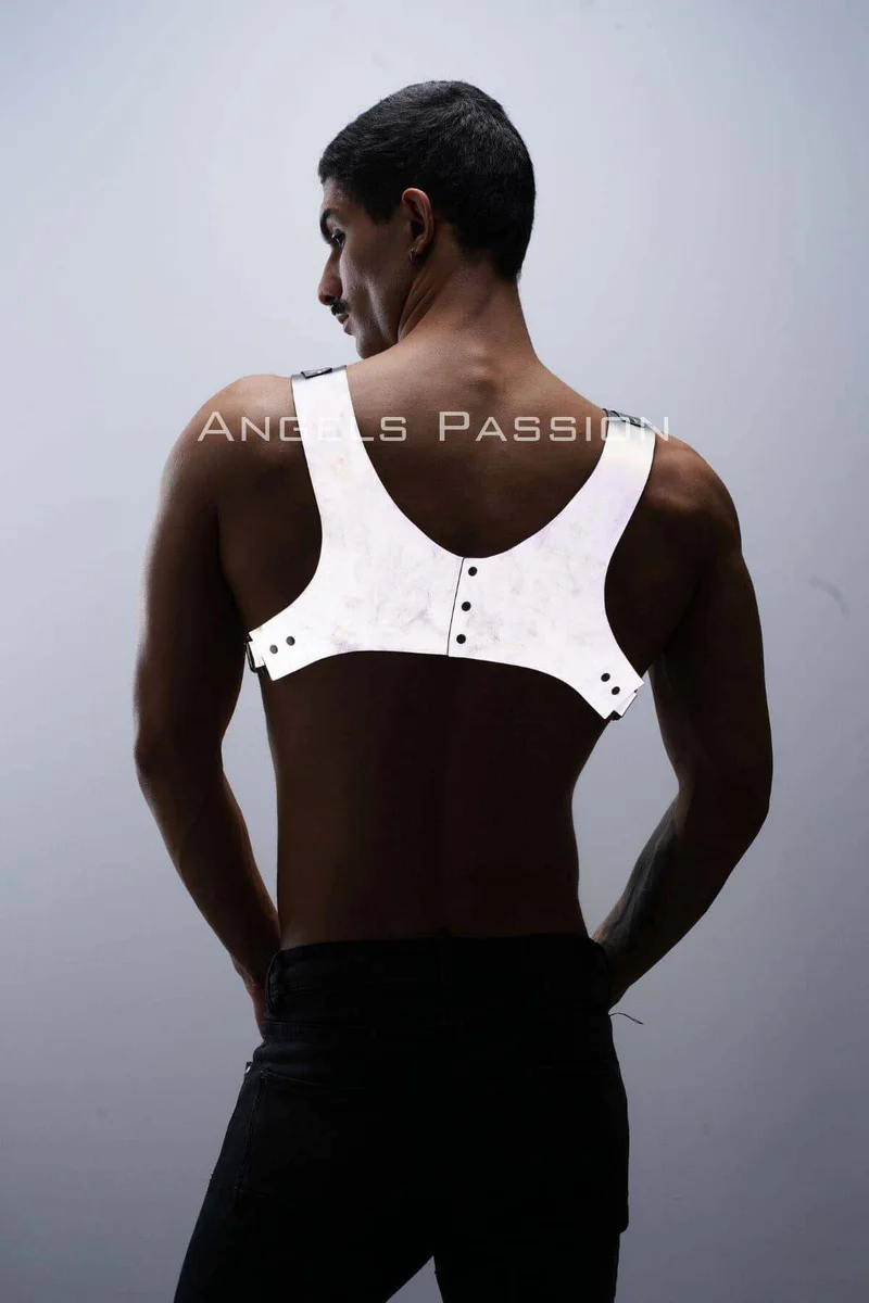 Reflective chest harness silver adjustable straps studded back view