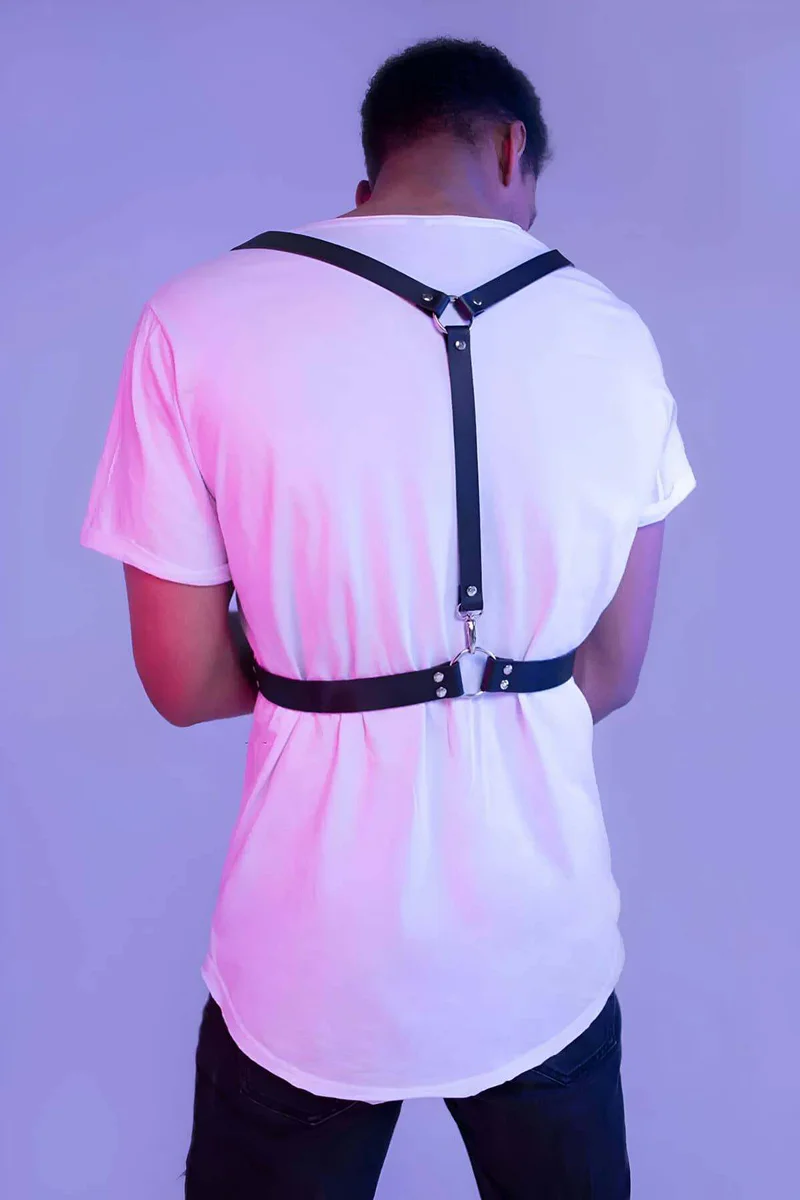 Black faux leather festival harness back view