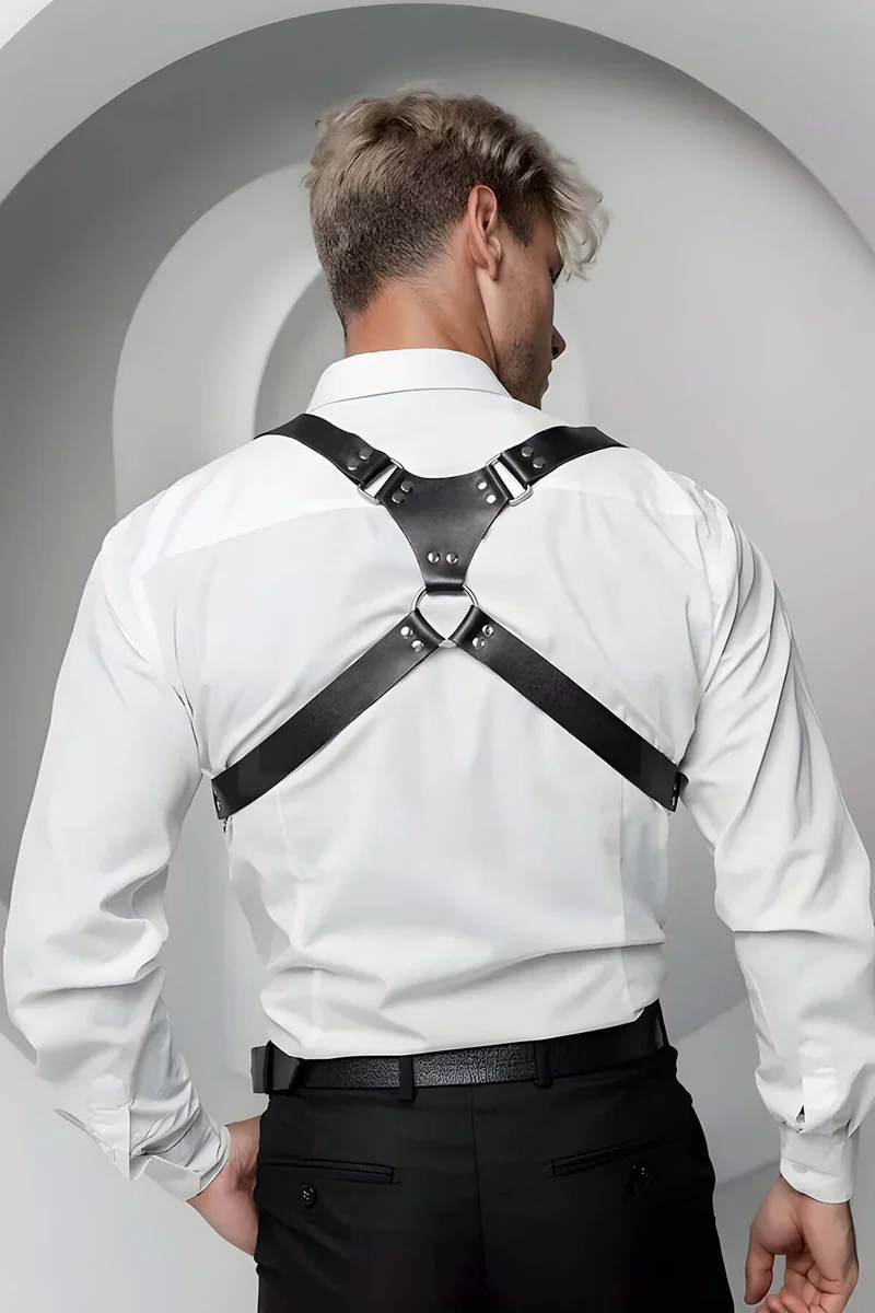 Mens Black Faux Leather Harness worn over