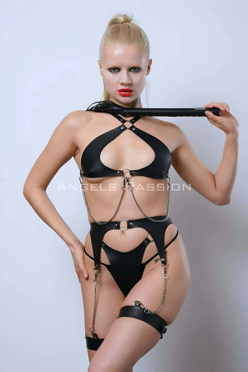 Leather Garter Harness Set, Leather Bra Set, Whip Leather Fancy Wear - APFT1363