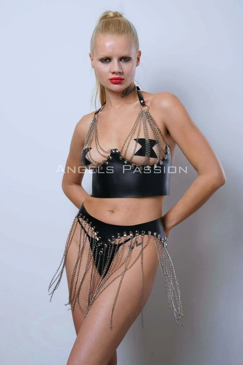 Black Faux Leather Bra Top and Chain Fringe Skirt Set Studded Details
