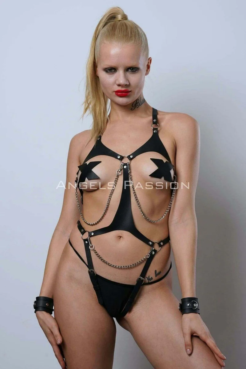 Adjustable Leather Harness Lingerie Set with Chains