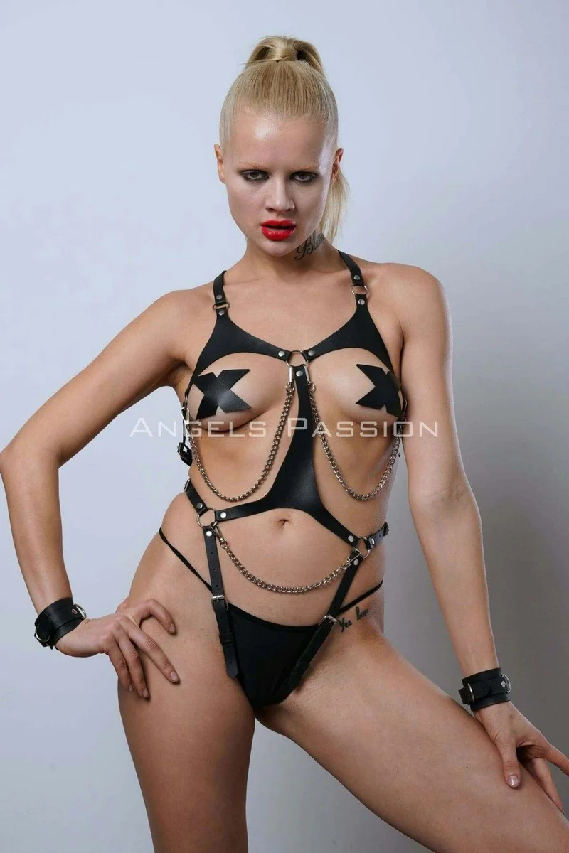 Adjustable Leather Harness Lingerie Set with Chains
