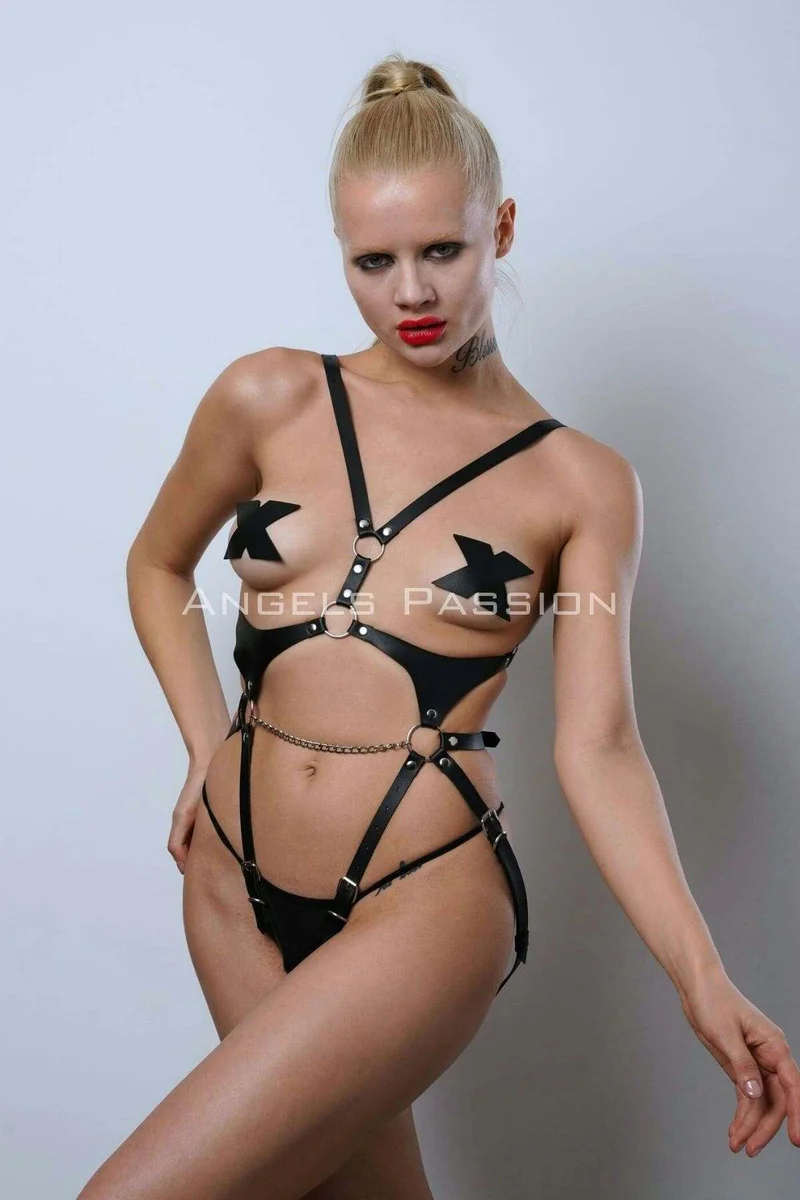 Leather Body Harness - Adjustable Open Crotch with Chain