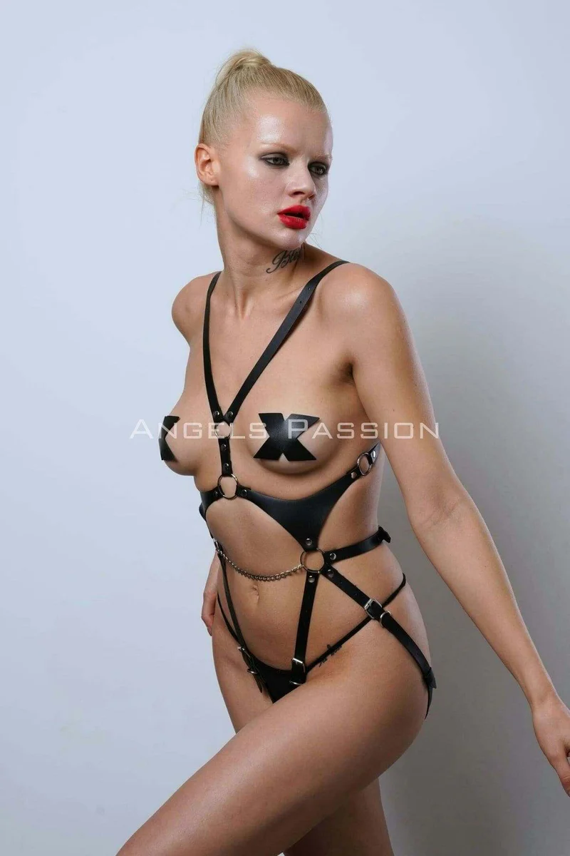 Leather Body Harness - Adjustable Open Crotch with Chain