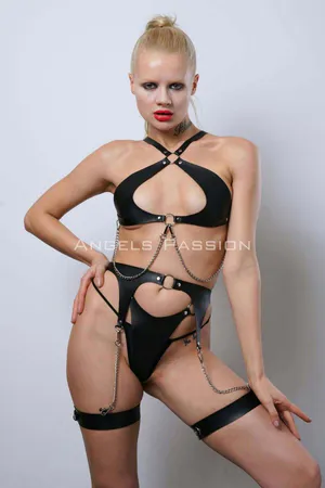 Leather Fancy Underwear Set, Stylish Leather Harness Set, Club Wear - APFT1330