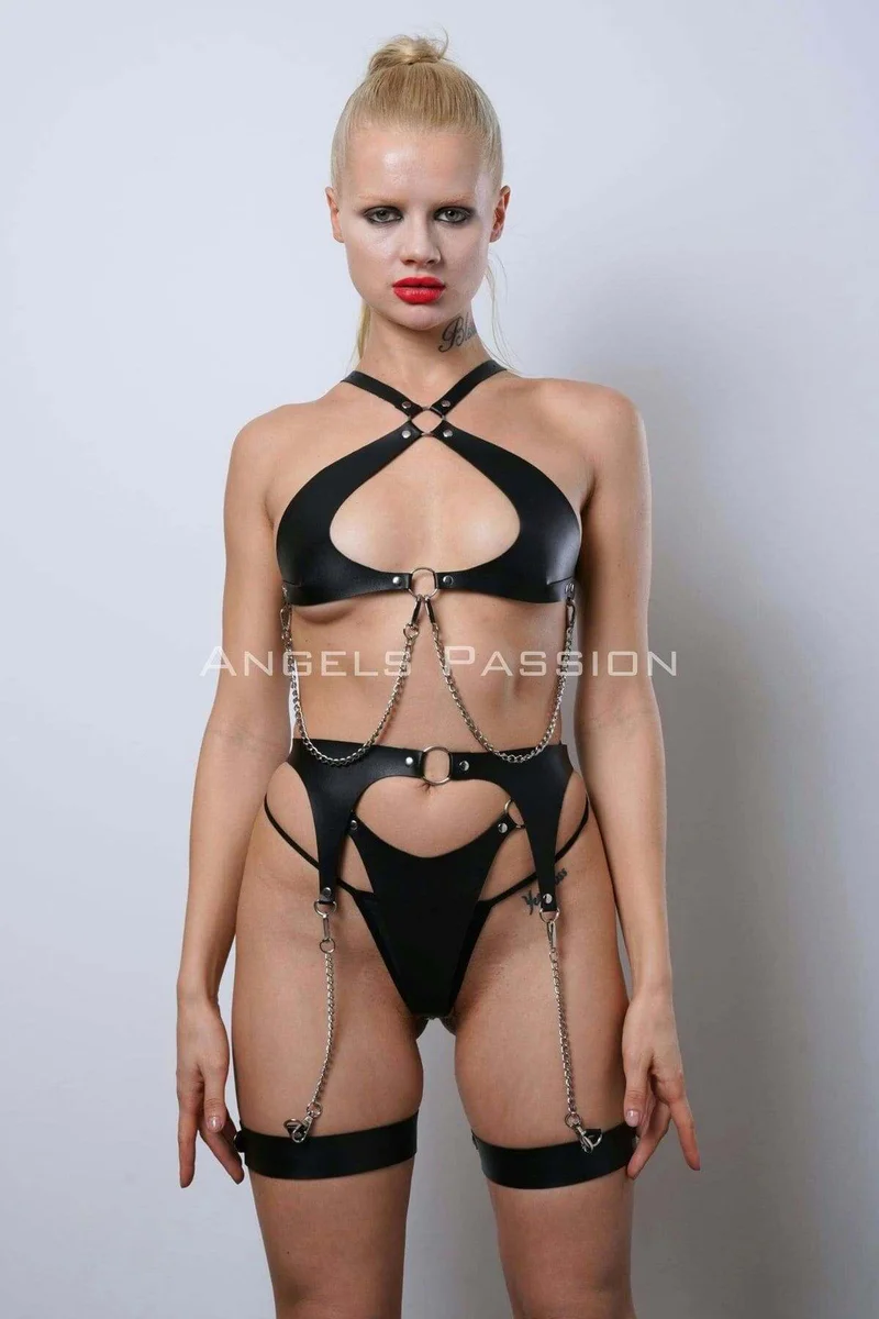 Leather Fancy Underwear Set, Stylish Leather Harness Set, Club Wear - APFT1330