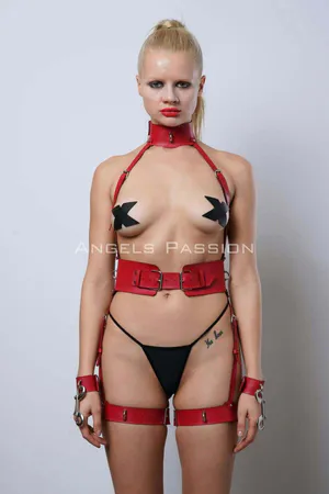 Red Faux Leather Body Harness Set with Garter Straps and Wrist Cuffs, Front View