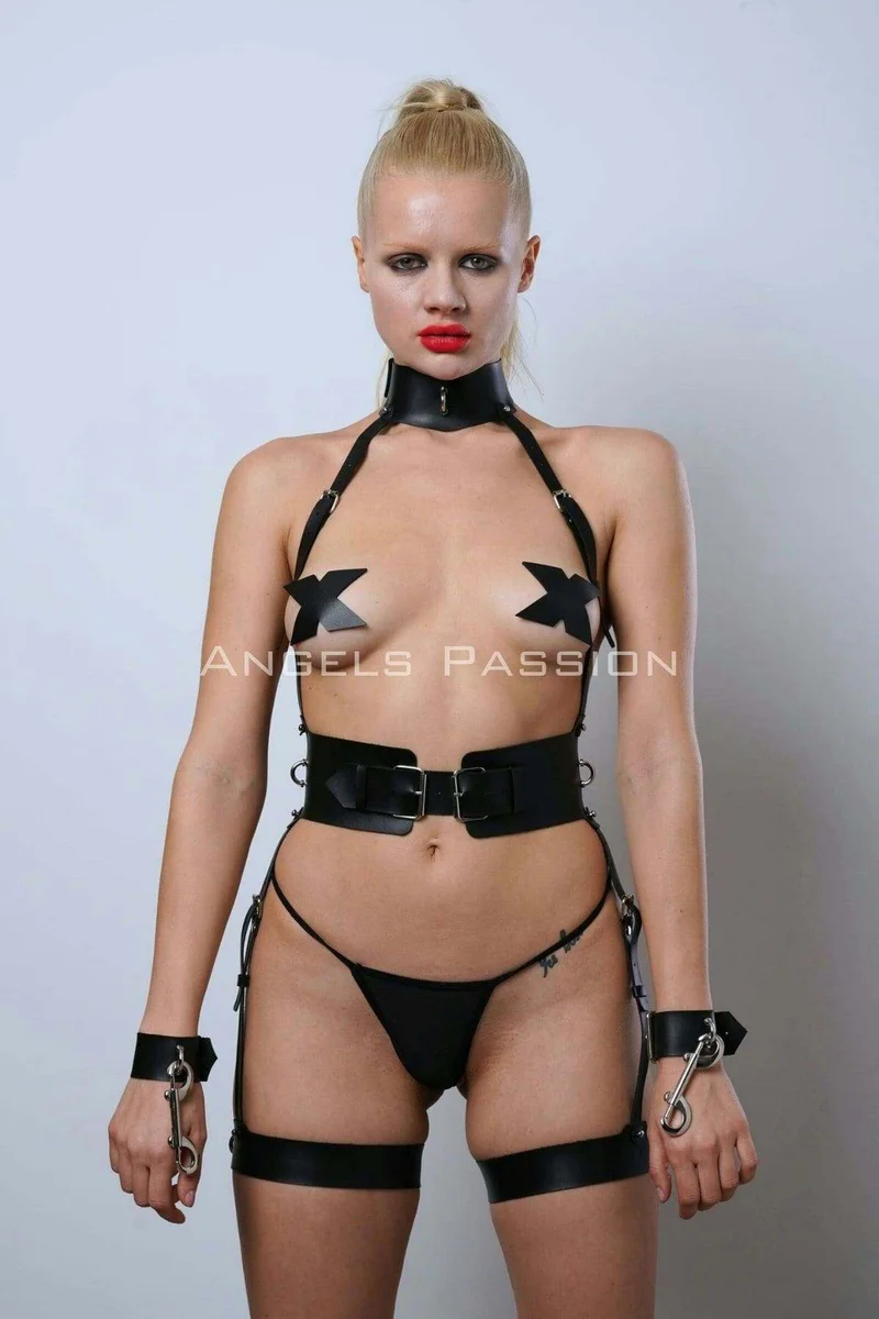 Black faux leather lingerie set with collar
