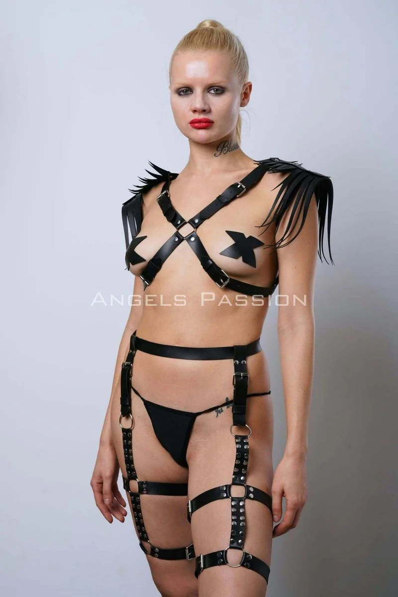 Black Faux Leather Full Body Harness with Fringe Shoulders and Garter Straps